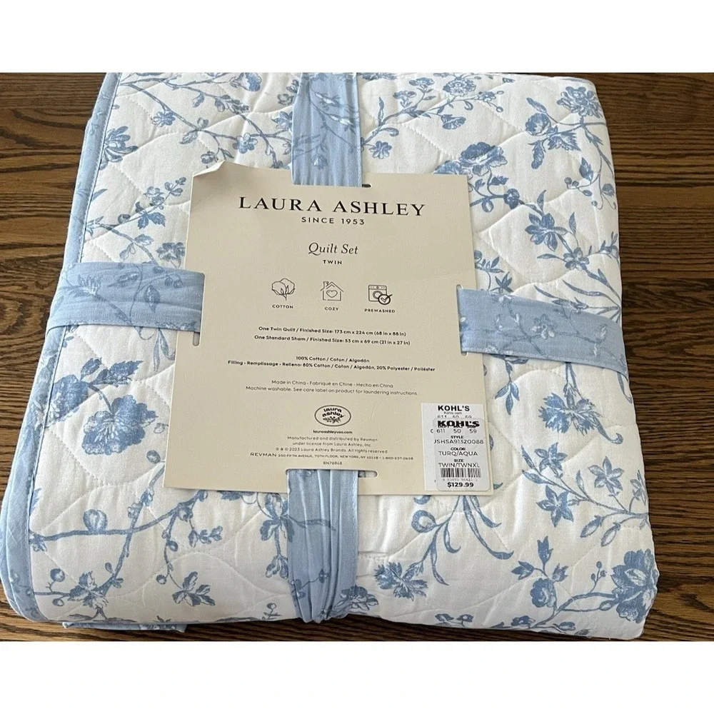 Laura Ashley Twin Quilt Sham Set Cotton Blue White Floral Dorm Room Cottagecoore